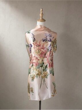 Ralph Lauren Silk Charmeuse Watercolor Garden Floral Scarf Shell Pink | 34”
